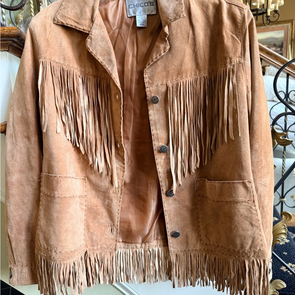 Chico’s Leather Fringed Western Jacket.Pockets. 0.see pictures.small marks back - Picture 3 of 11
